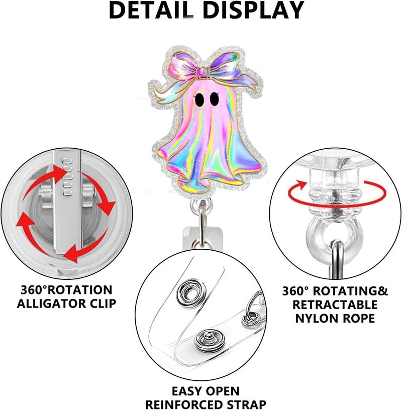 NSSHEL Halloween Badge Reel Retractable ID Name Holder Fun Cute Ghost with Bow Badge Charm Designs Acrylic Cartoon Spooky ID Badge Holder with Alligator Clip for Students Nurses Teachers ID Clip - Image 2